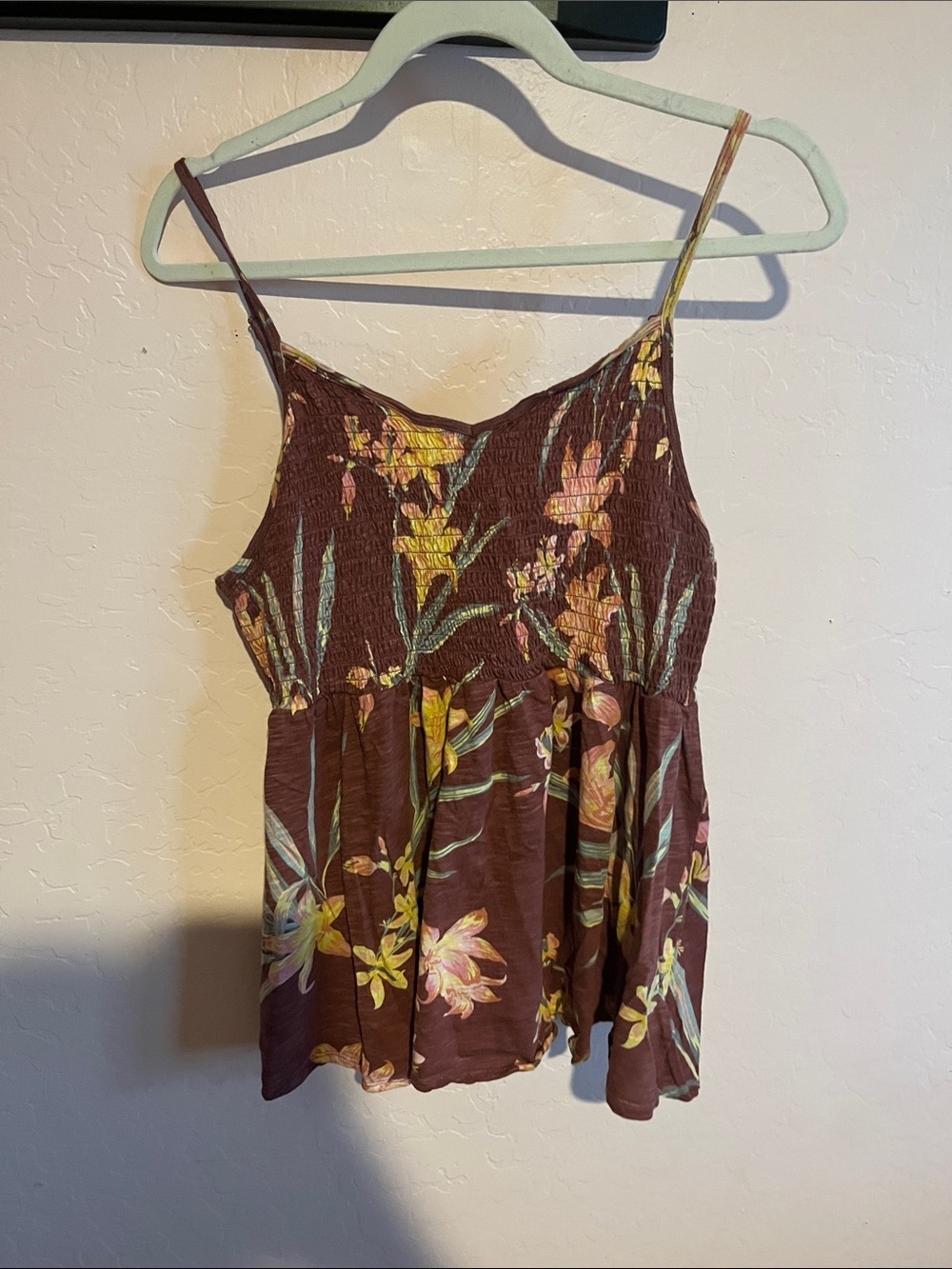 Floral Smocked Spaghetti Strap Tank Top - Brown